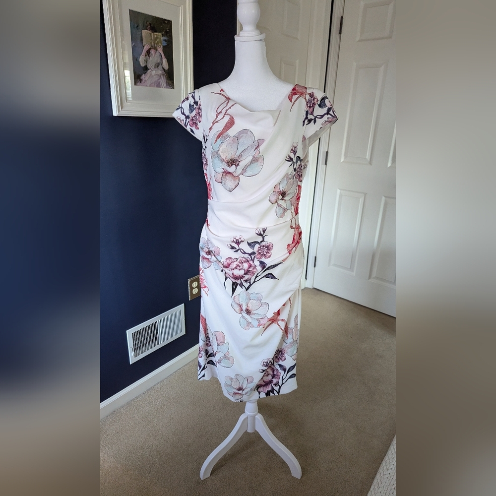 White House Black Market White Floral Midi Dress with Pink & Blue Accents